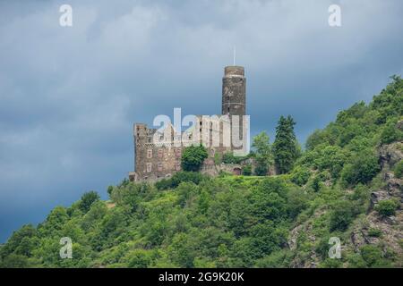 Schloss Maus mit Blick auf den Rhein, UNESCO-Weltkulturerbe, Mittelrheintal, Deutschland Stockfoto