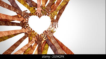 Vielfältige Hände Herz und vereinte Vielfalt oder Einheit Partnerschaft in einer Gruppe von multikulturellen Menschen miteinander verbunden geformt als Unterstützung. Stockfoto