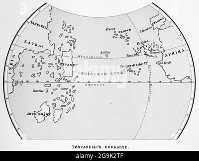 Historische Weltkarte aus dem 15. Jahrhundert des italienischen Mathematikers und Astronomen Paolo dal Pozzo Toscanelli, Illustration aus dem Jahr 1881 Stockfoto