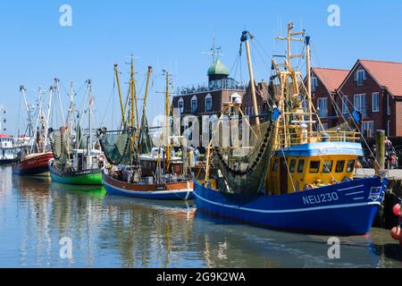 Fischerboote im Hafen, Neuharlingersiel, Ostfriesland, Niedersachsen, Deutschland Stockfoto