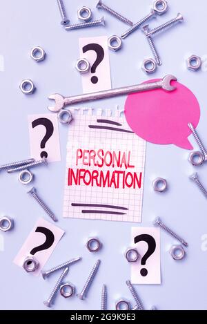 Textunterschrift mit persönlichen Informationen. Wort geschrieben auf aufgezeichneten Informationen über eine identifizierbare Person New Ideas Brainstoming für Stockfoto