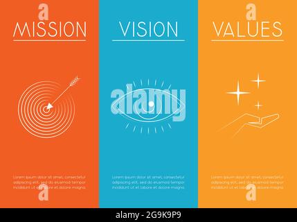 Mission, Vision, Werte Konzept - drei Symbole - Vektor-Illustration Stock Vektor