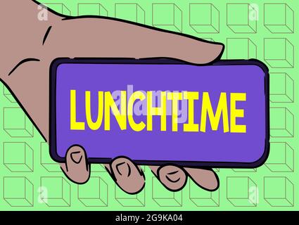 Text mit Inspiration zur Mittagszeit. Internet-Konzept die Mittagszeit oder die Mitte des Tages, wenn Lebensmittel gegessen werden Adult Hand Illustration Holding Mobile Stockfoto
