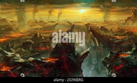 Digitale Illustration von Fantasy-Umgebung Hintergrund in der Hölle mit Larve Stockfoto