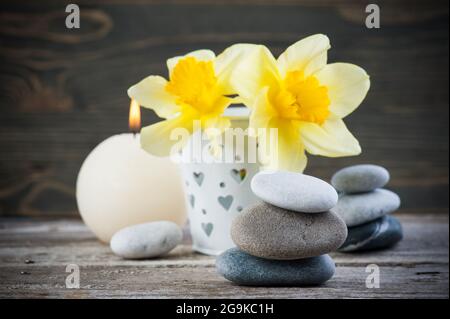 Balancierende Kieselsteine und gelbe Blumen, ZEN Stone Garden auf Holzhintergrund, Spa ruhiges Szenenkonzept Stockfoto