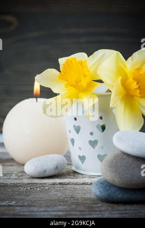 Balancierende Kieselsteine und gelbe Blumen, ZEN Stone Garden auf Holzhintergrund, Spa ruhiges Szenenkonzept Stockfoto