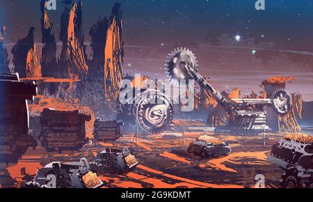 Digitale Illustration der futuristischen Science-Fiction-Szene auf dem mars mit industrieller Bohrmaschine Stockfoto