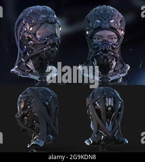 3d gerendert digital generiert Mix Media Konzept Design von Science Fiction futuristische Science Fiction Roboter Ninja Charakter asiatische Badass Helm Cyber cybernet Stockfoto