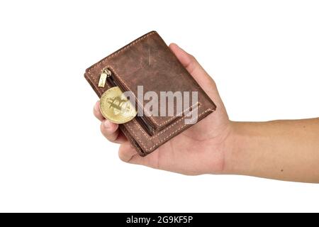 Bitcoin Wallet In Der Hand Isoliert Auf Weißem Hintergrund Mit Beschneidungspfad Stockfoto