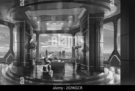 Digitale Illustration von schickem Interieur Business Office-Design mit Vegetation und Blick aus dem Fenster der Stadt Stockfoto