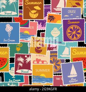 Briefmarken nahtlose Muster Sommerurlaub. Retro Hintergrund Schilder Reise exotische Tour. Vektor-Illustration Hintergrund Vintage-Stil für Tapeten Stock Vektor