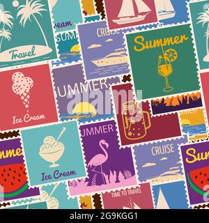Briefmarken nahtlose Muster Sommerurlaub. Retro Hintergrund Schilder Reise exotische Tour. Vektor-Illustration Hintergrund Vintage-Stil für Tapeten Stock Vektor