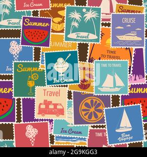 Briefmarken nahtlose Muster Sommerurlaub. Retro Hintergrund Schilder Reise exotische Tour. Vektor-Illustration Hintergrund Vintage-Stil für Tapeten Stock Vektor