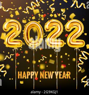 2022 Glückliche Neujahrsballons in Gold. Goldene Folienziffern mit Konfetti, Bändern, Plakat, Banner. Vektor realistische 3D-Illustration Stock Vektor