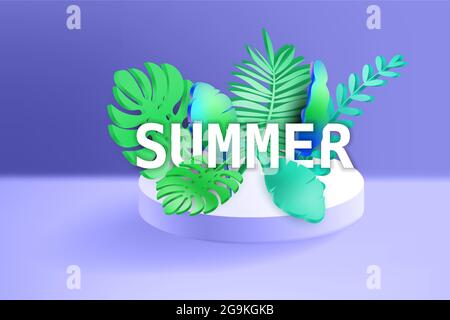 3D Tropical Leaves Scene Podium mit Text Sommer, botanischer Hintergrund. Rendering Vektor Laub Sockel, Bühne Illustration Vorlage Stock Vektor