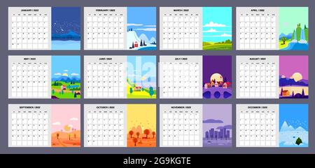 2022 Kalenderplaner Minimalistische Landschaft natürliche Hintergründe von vier Jahreszeiten. Winter, Frühling, Sommer, Herbst. Monatliche Vorlage für das Tagebuchgeschäft Stock Vektor