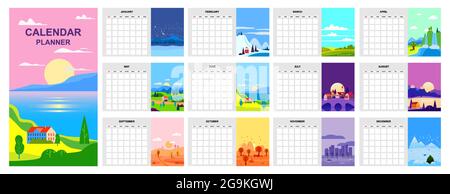 Kalender-Planer Minimalistische Landschaft natürliche Hintergründe von vier Jahreszeiten Vorlage. Winter, Frühling, Sommer, Herbst. Monatlich für Tagebuchgeschäfte. Woche Stock Vektor