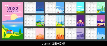 2022 Kalenderplaner Minimalistische Landschaft natürliche Hintergründe von vier Jahreszeiten. Winter, Frühling, Sommer, Herbst. Monatliche Vorlage für das Tagebuchgeschäft Stock Vektor