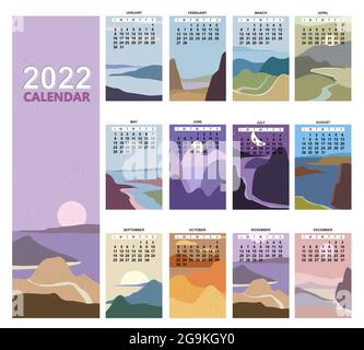 2022 Calendar Planner Abstract minimalistische zeitgenössische Landschaft natürliche Hintergründe. Monatliche Vorlage für das Tagebuchgeschäft. Die Woche Beginnt Am Sonntag. Vektor Stock Vektor