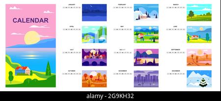 Kalenderlandschaft natürliche Hintergründe von vier Jahreszeiten. Set 12 minimalistisches Cartoon flaches Design Jahreszeiten Hintergrund Stock Vektor