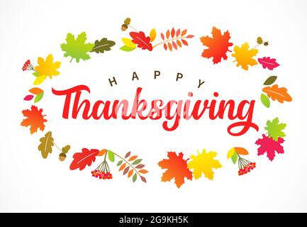 Happy Thanksgiving Wish mit eleganter Kalligraphie geschrieben und mit herbstlichem Laub verziert. Saisonale dekorative Vektor-Banner mit Blättern Stock Vektor