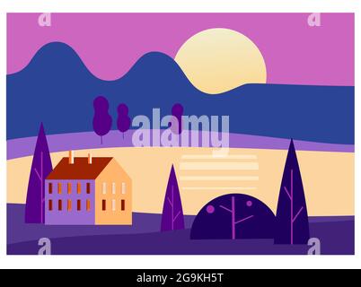 Sonnenuntergangslandschaft, Meer, Meer, Golf. Zuhause an der Küste, Berg, Abend. Vektorgrafik minimaler flacher Stil Stock Vektor