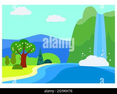 Sommerfrühlingslandschaft, Wasserfall ländlich, Feld, Berg, Bäume. Landschaft Szene Fluss. Vektorgrafik Minimaler Stil Stock Vektor