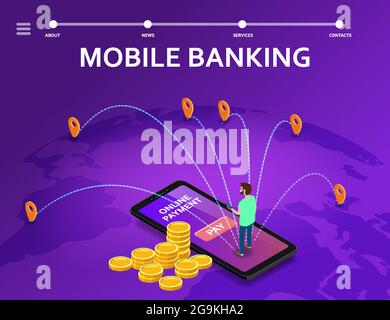 Mobiles Internet-Banking isometrisch. Man Smartphone, stapelt Münzen, Geld-Transaktionstechnologie, mobile Zahlung E-Commerce-Konzept. Vektorgrafik Stock Vektor