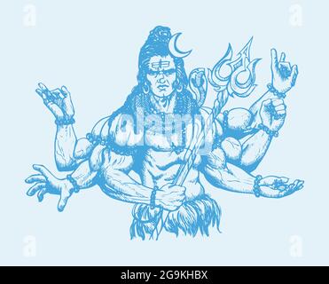 Skizze des berühmten und mächtigen gottes Shiva und seiner Symbole mit freiem Platz für Text in Indien Stockfoto