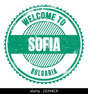 WILLKOMMEN IN SOFIA - BULGARIEN, Worte auf grünem Zickzack-Stempel geschrieben Stockfoto
