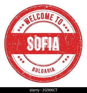 WILLKOMMEN IN SOFIA - BULGARIEN, Worte auf roter runder Münzmarke geschrieben Stockfoto