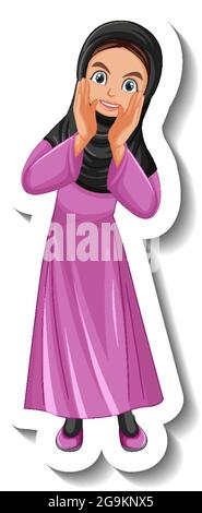 Muslimische Frau Zeichentrickfigur Aufkleber auf weißem Hintergrund Illustration Stock Vektor