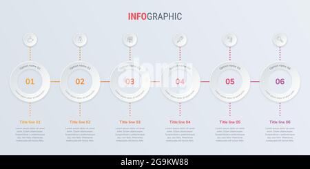 Abstrakte Business abgerundete Infografik-Vorlage mit 6 Optionen. Rotes Diagramm, Zeitleiste und Zeitplan isoliert auf hellem Hintergrund. Stock Vektor