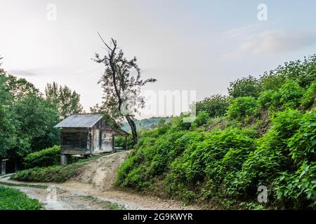 Verlassene Blockhütte auf einem Berg Stockfoto