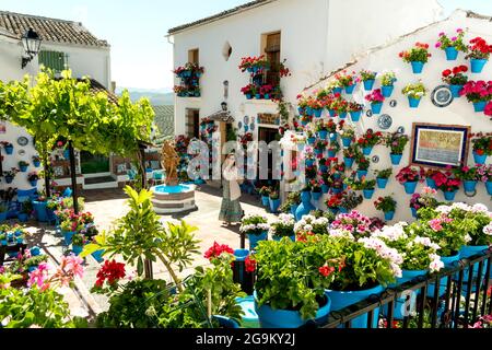 Schöne Frau in der Mitte der andalusischen Terrasse voller Farben und Blumen Stockfoto