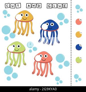Quallen Arbeitsblatt Vektor-Design, ist die Aufgabe zu schneiden und kleben ein Stück auf bunte niedliche Fische . Logikspiel für Kinder. Stock Vektor