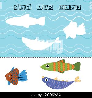 Fische Arbeitsblatt Vektor-Design, ist die Aufgabe zu schneiden und kleben ein Stück auf bunte niedliche Fische . Logikspiel für Kinder. Stock Vektor