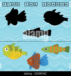 Finde ein Paar oder ein Schattenspiel mit lustigen Fischen. Arbeitsblatt für Kinder im Vorschulalter, Aktivitätsblatt für Kinder, druckbares Arbeitsblatt Stock Vektor