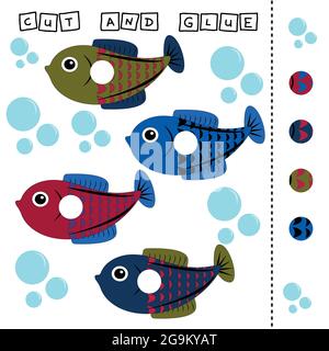 Fische Arbeitsblatt Vektor-Design, ist die Aufgabe zu schneiden und kleben ein Stück auf bunte niedliche Fische . Logikspiel für Kinder. Stock Vektor