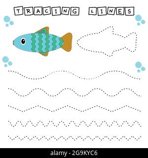 Tracing Lines Spiel mit lustigen Fischen. Arbeitsblatt für Kinder im Vorschulalter, Aktivitätsblatt für Kinder, druckbares Arbeitsblatt Stock Vektor