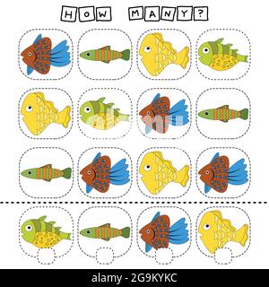Wie viele Zählspiel mit lustigen Fischen. Arbeitsblatt für Kinder im Vorschulalter, Aktivitätsblatt für Kinder, druckbares Arbeitsblatt Stock Vektor