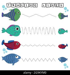 Tracing Lines Spiel mit lustigen Fischen. Arbeitsblatt für Kinder im Vorschulalter, Aktivitätsblatt für Kinder, druckbares Arbeitsblatt Stock Vektor
