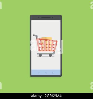 Online-Shopping-Konzept mit Smartphone und Warenkorb. Lager Stock Vektor