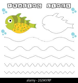 Tracing Lines Spiel mit lustigen Fischen. Arbeitsblatt für Kinder im Vorschulalter, Aktivitätsblatt für Kinder, druckbares Arbeitsblatt Stock Vektor