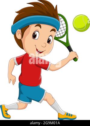 Cartoon kleiner Junge spielt Tennis Stock Vektor