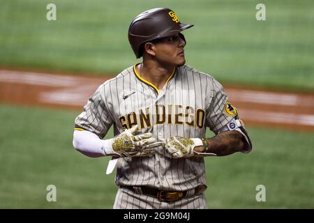 San Diego Padres Dritte Basemen Manny Machado (13) während eines MLB regulären Saison Spiel gegen die Miami Marlins, Samstag, 24. Juli 2021, in Miam Stockfoto