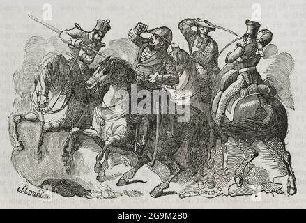 Juan Manuel Balmaseda (1801-1846). Guerilla und Carlist General. Erster Karlistenkrieg (1833-1840). Angriff auf Balmaseda, den Anführer der Carlist-Fraktion. Illustration von Manuel Miranda. Gravur von Ortega. Panorama Español, Crónica Contemporánea. Madrid, 1842. Autor: MANUEL MIRANDA. Spanischer Künstler des 19. Jahrhunderts. Stockfoto