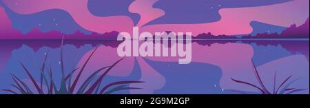 Panorama-Abendlandschaft, breiter Fluss mit Schilf - Vektor-Illustration Stock Vektor