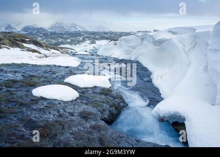 Ein Gletscherfluss bahnt sich seinen Weg durch Schnee und Eis auf der Snaefellsnes Penninsular in Westisland Stockfoto