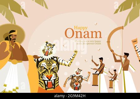 Onam Festival begrüßt Hintergrund mit König Mahabali und Tiger Tanzkünstler. Onam ist ein Erntefest in Kerala, Indien Stock Vektor